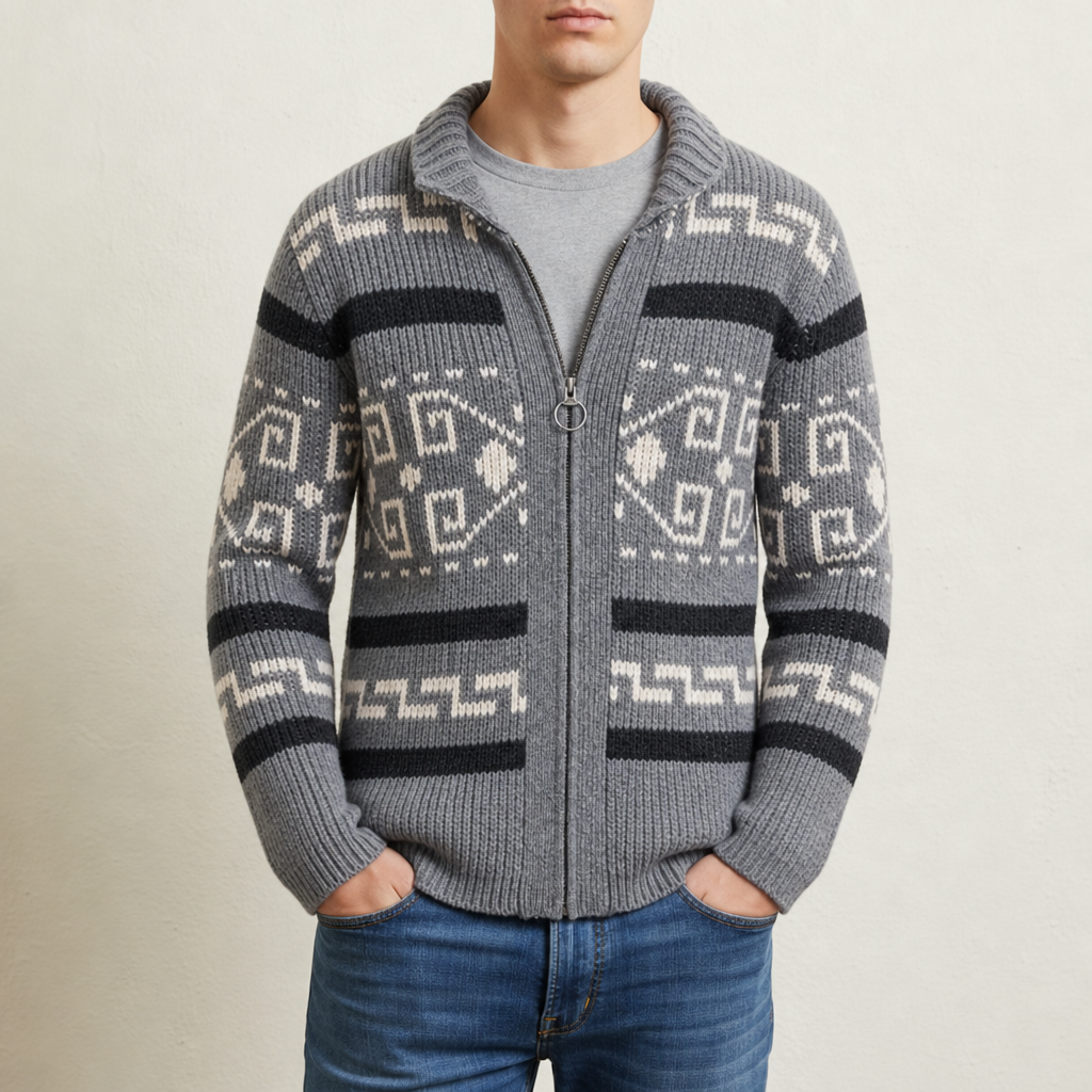 Southwestern Zip Cardigan — Wool-Blend Shawl Collar Knit 2