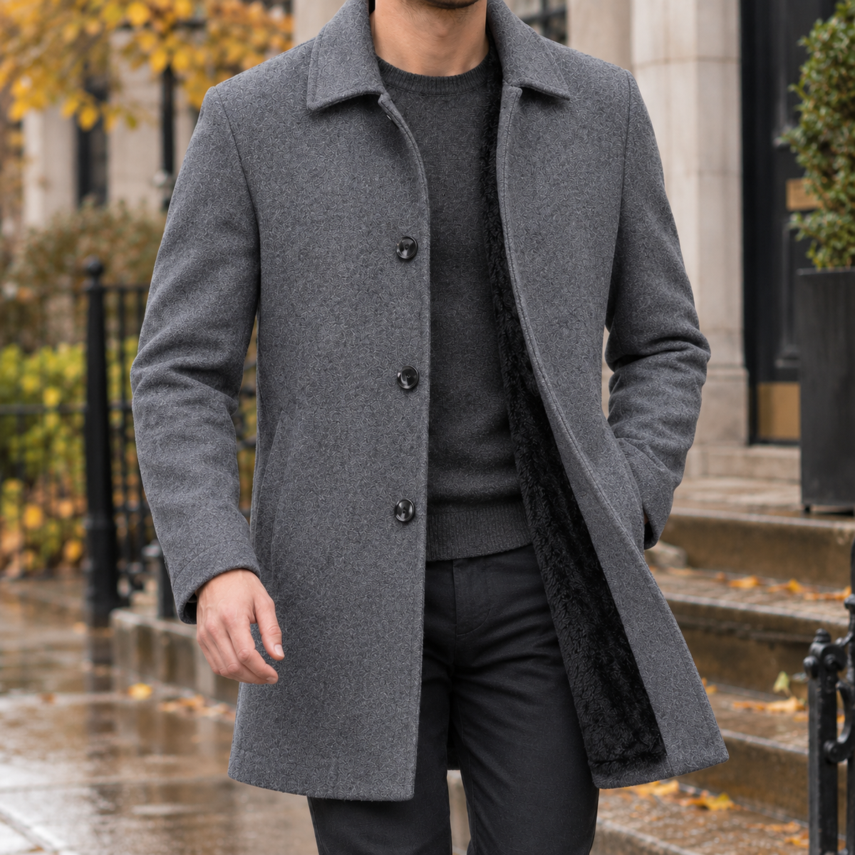 Men's Wool-Blend Single-Breasted Coat — Plush Lined Fit 3