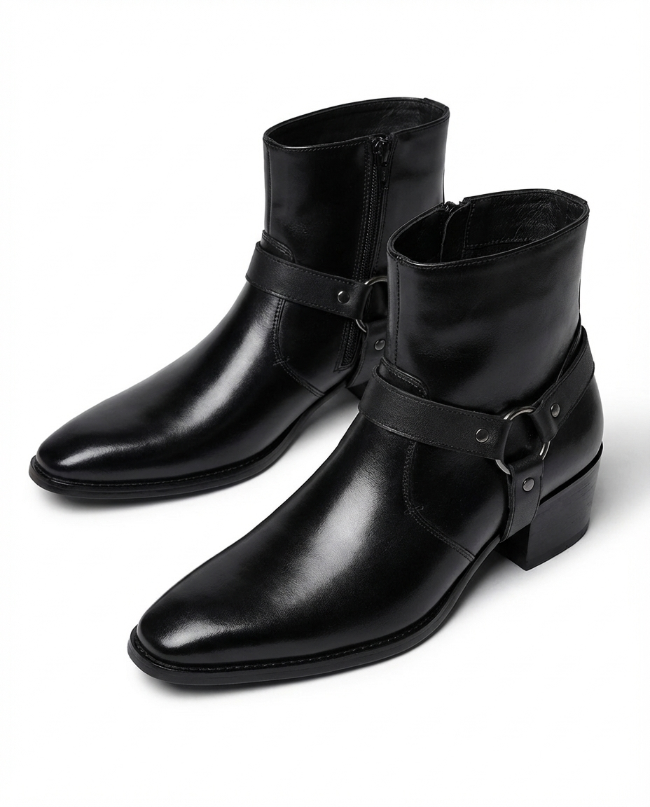 Men's Leather Harness Ankle Boot — Chisel Toe Side Zip 6