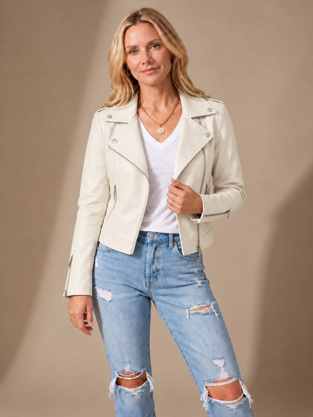 Women's Faux Leather Moto Jacket — Asymmetric Zip Slim Fit 4