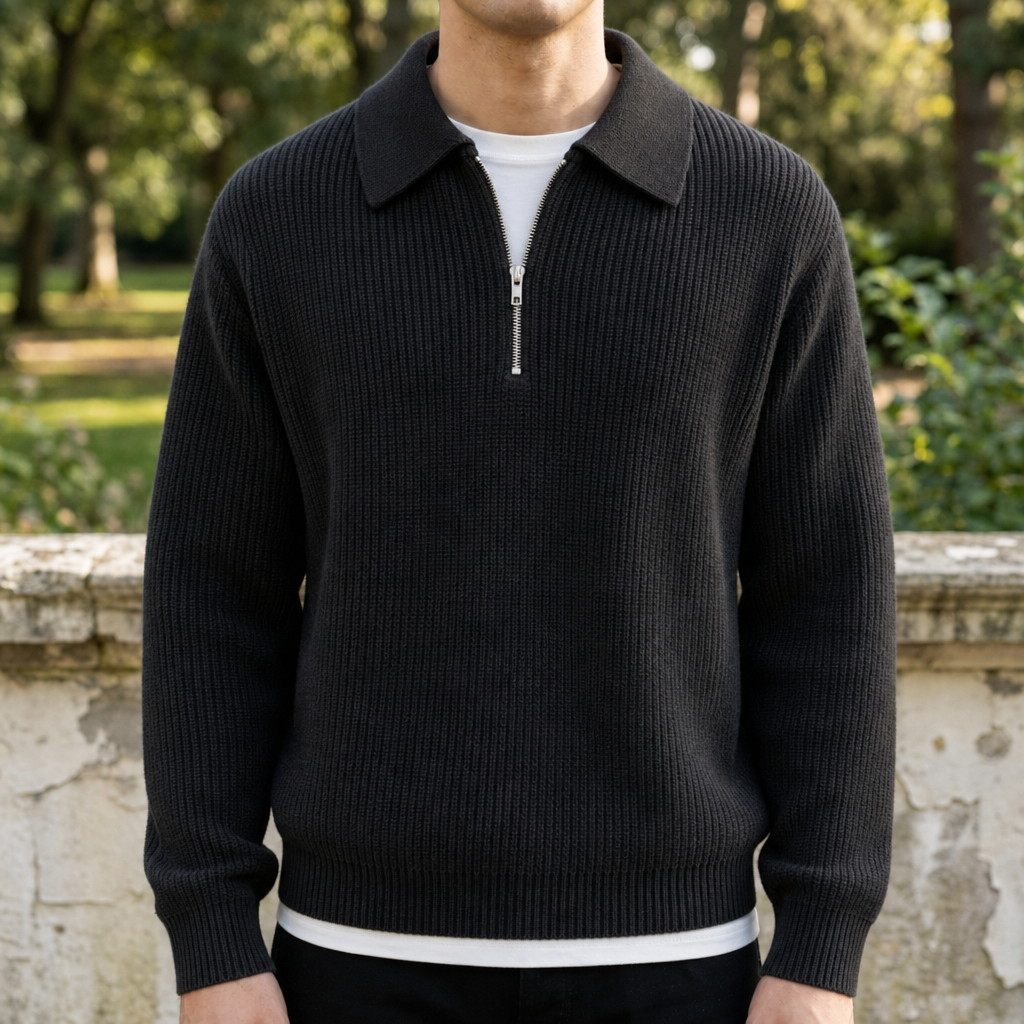 Quarter-Zip Knit Sweater — Cotton-Blend Jacquard Pullover 1