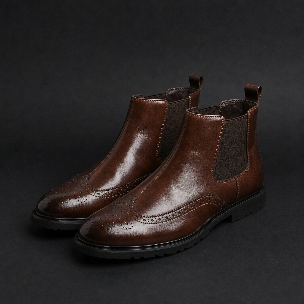 Anzio Brogue Chelsea Boots — Faux Leather Slip-On 1