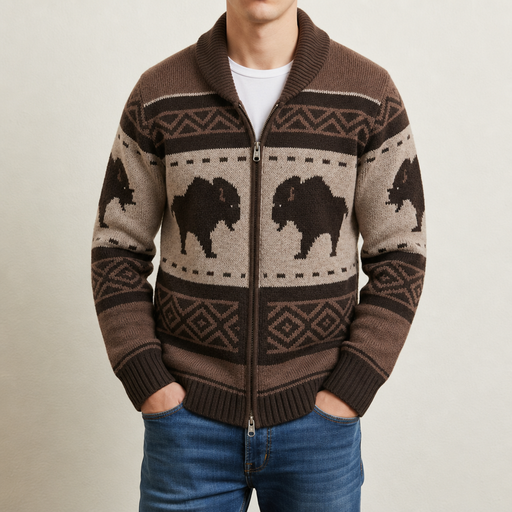 Bison Jacquard Zip Cardigan — Wool-Cotton Shawl Collar 1