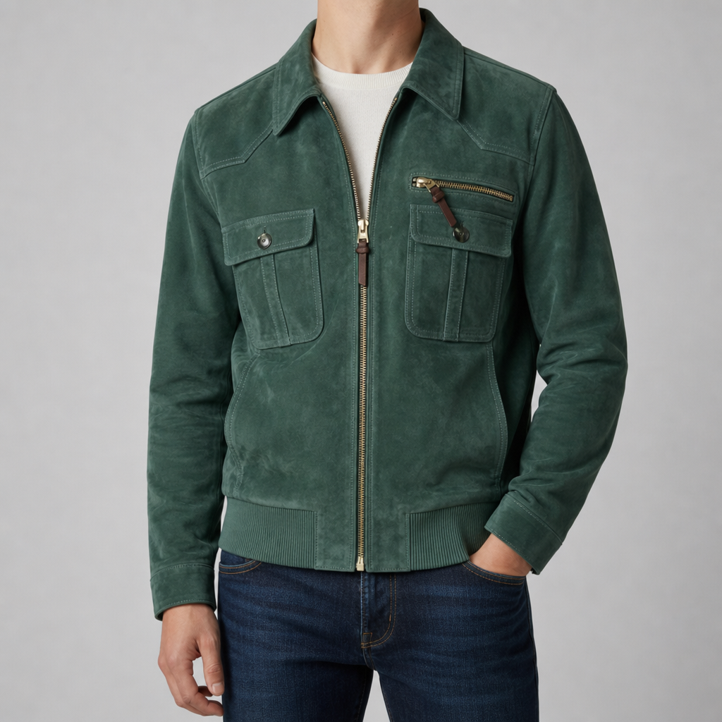 Gijon Retro Faux Suede Bomber Jacket — Zip Cuffs & Ribbed Hem 1