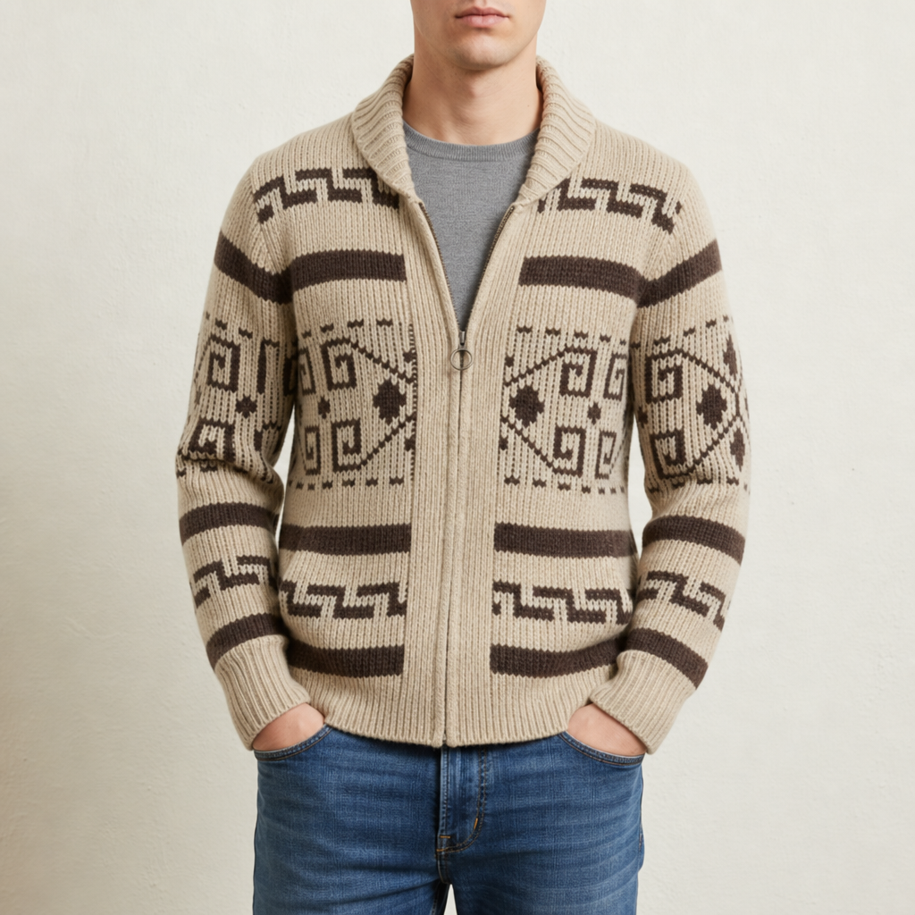 Southwestern Zip Cardigan — Wool-Blend Shawl Collar Knit 1