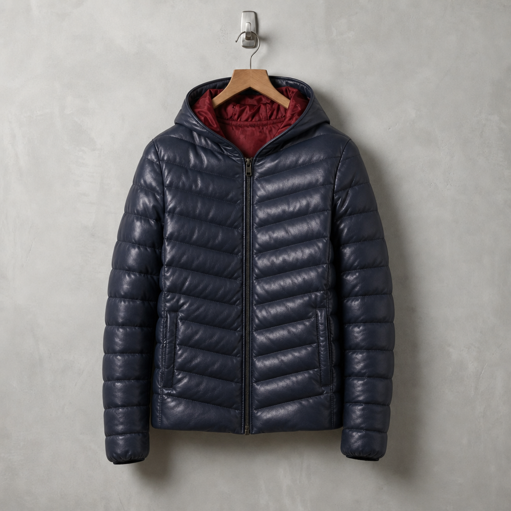 Hooded Faux Leather Puffer Jacket — Satin Lined Navy 1