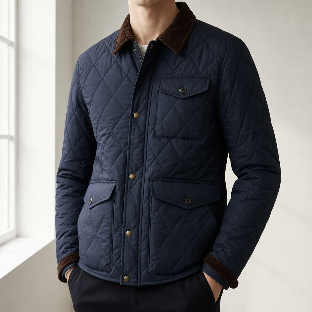 Tinos Quilted Corduroy Collar Jacket — Padded Zip Front 1