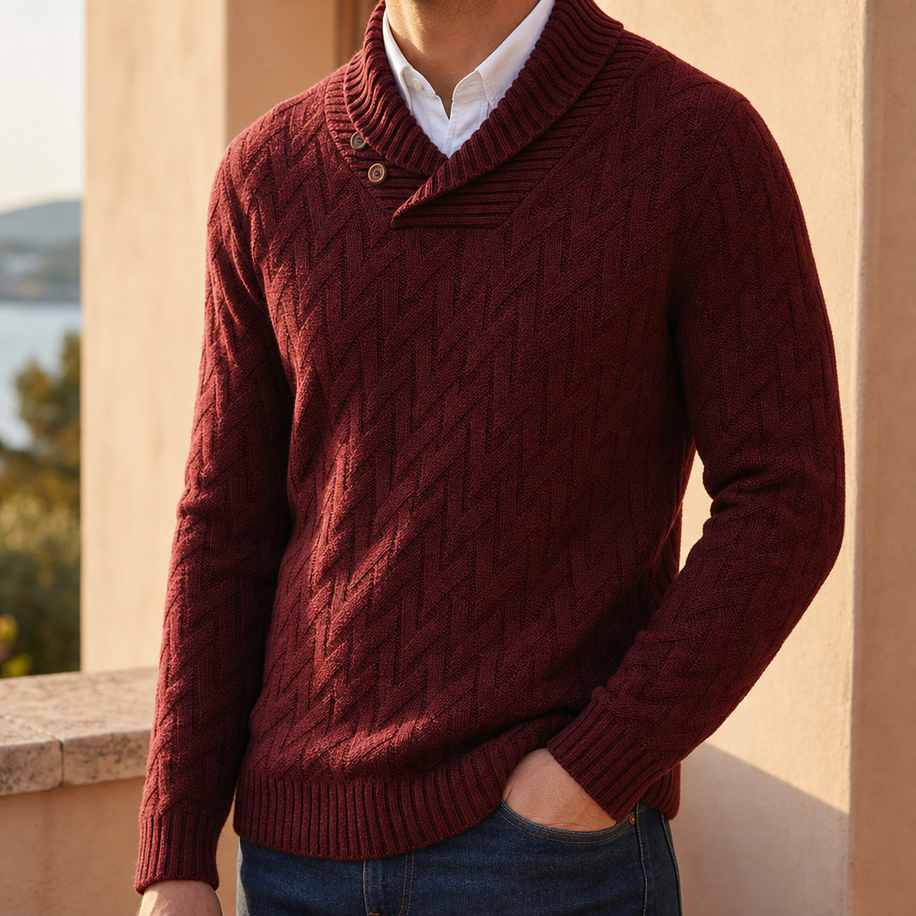 Shawl Collar Knit Sweater — Soft Cotton Blend Pullover 1