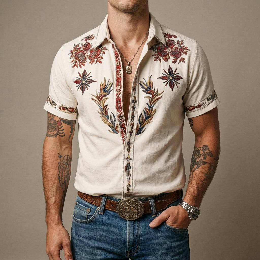 Rodeo Embroidered Western Shirt — Cotton Short Sleeve Top 1