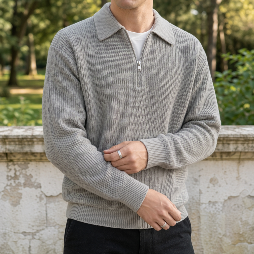 Quarter-Zip Knit Sweater — Cotton-Blend Jacquard Pullover 3