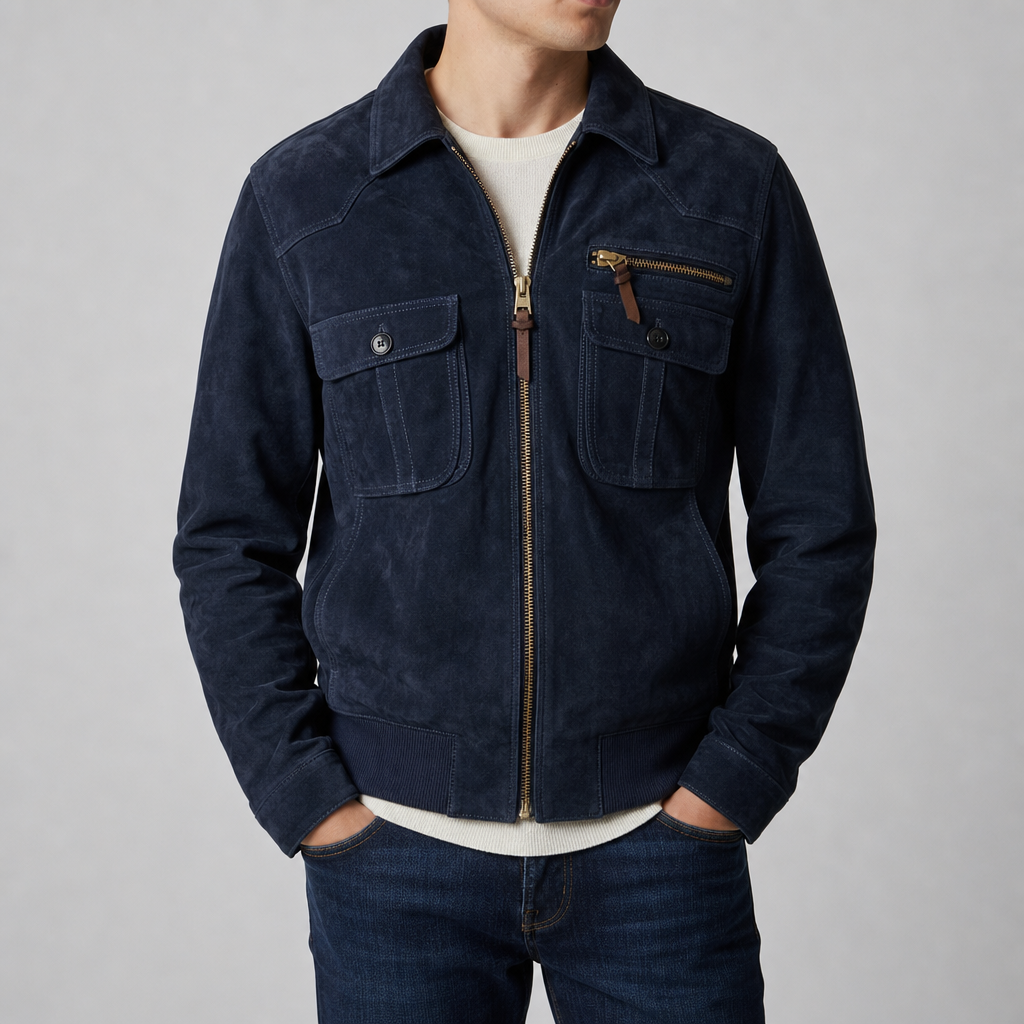 Gijon Retro Faux Suede Bomber Jacket — Zip Cuffs & Ribbed Hem 3