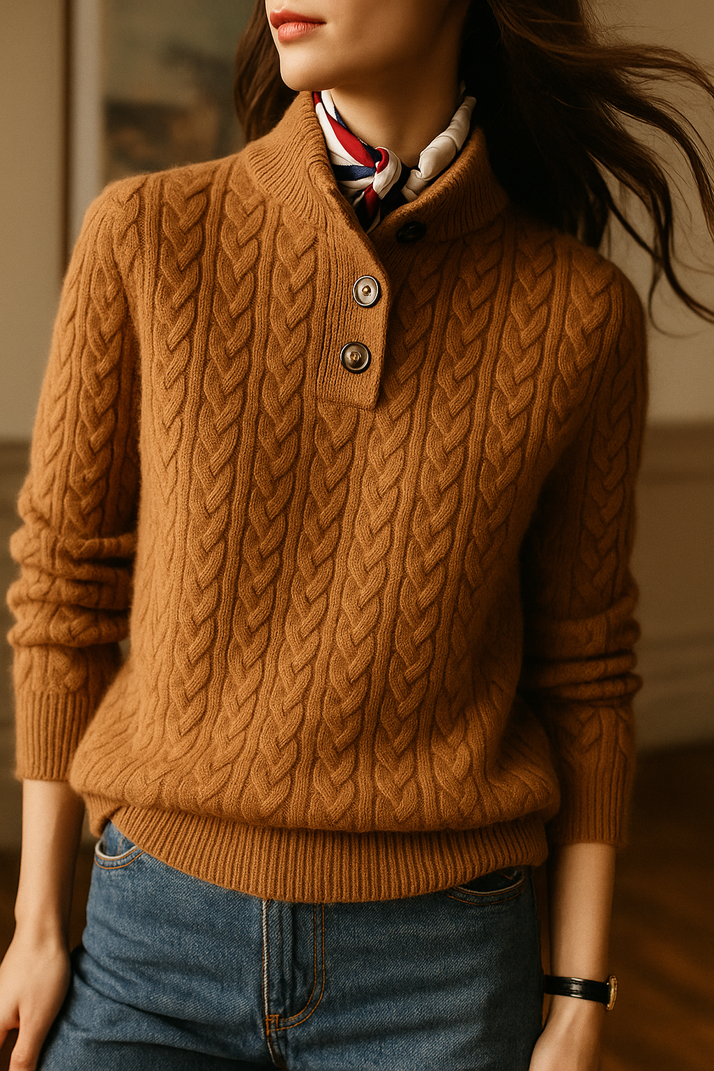 Cable Knit Women's Sweater — Button Collar Regular Fit 3