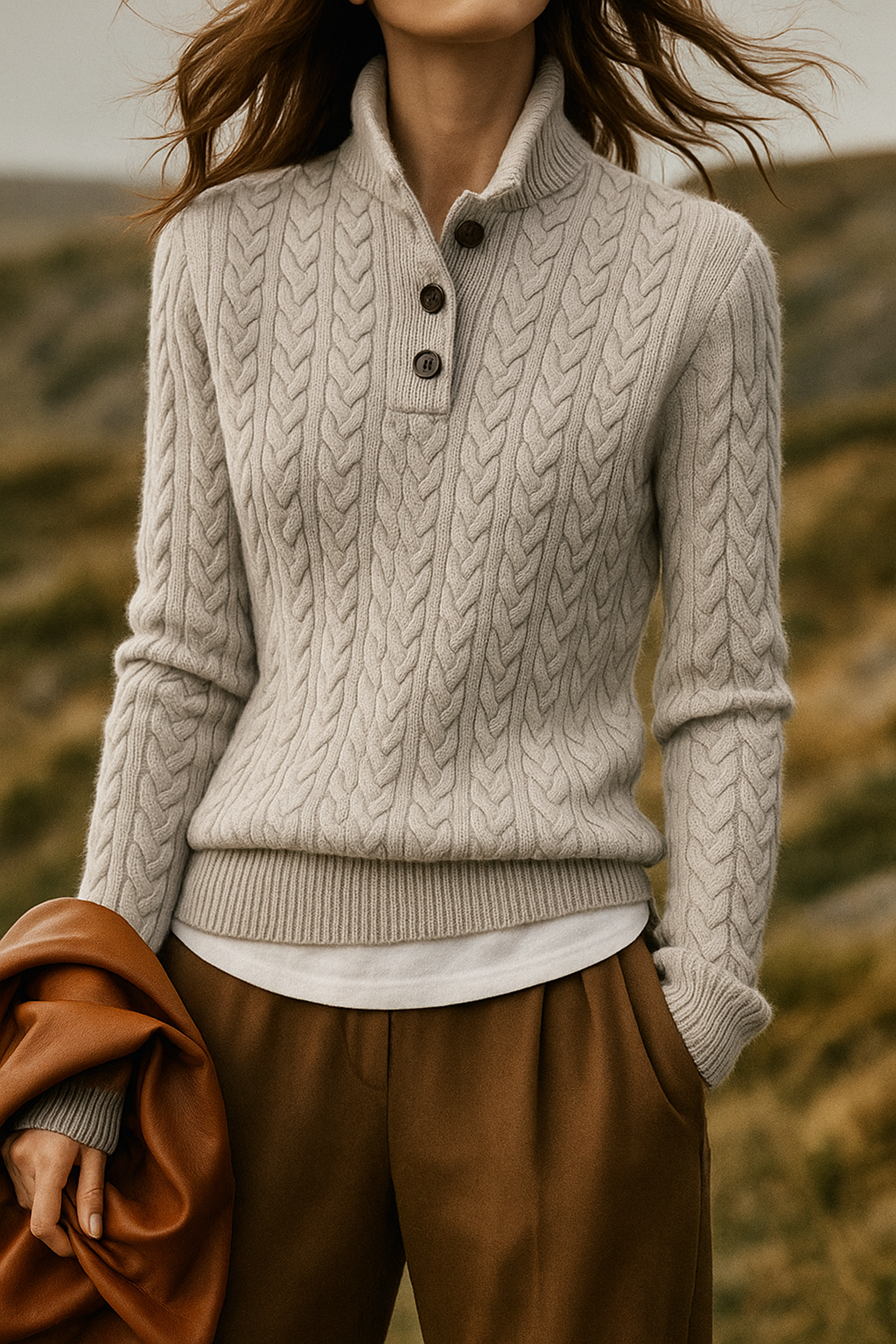 Cable Knit Women's Sweater — Button Collar Regular Fit 10