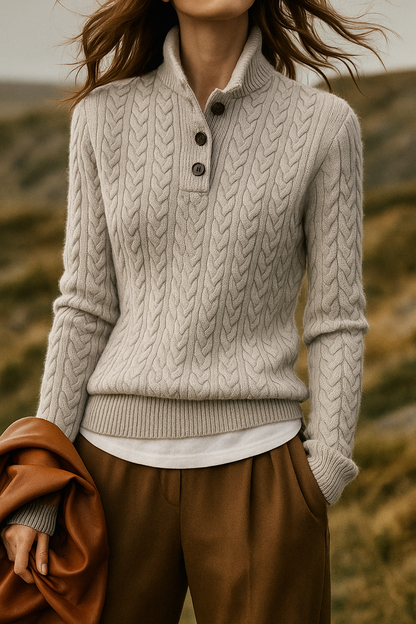 Cable Knit Women's Sweater — Button Collar Regular Fit 10