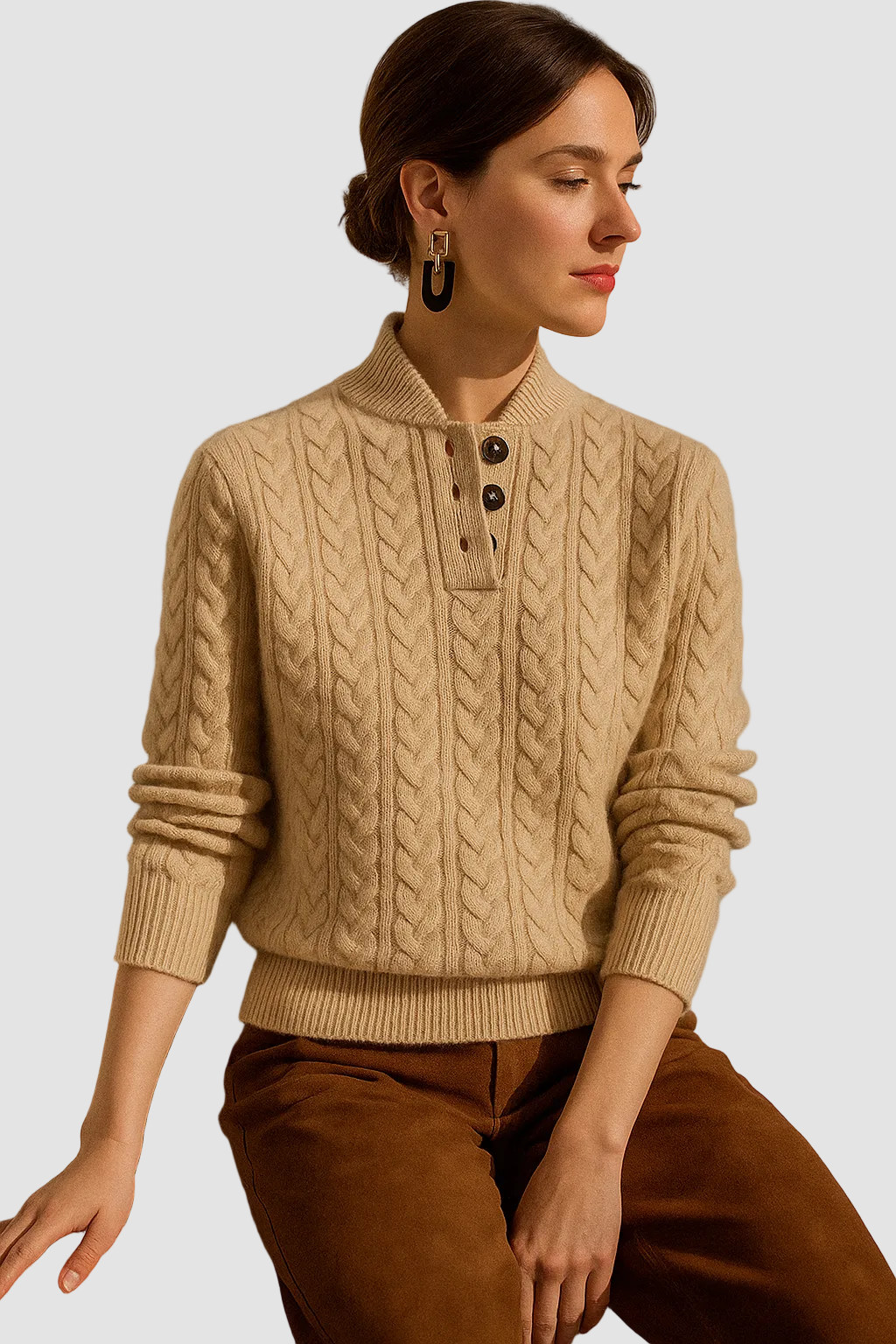 Cable Knit Women's Sweater — Button Collar Regular Fit 1