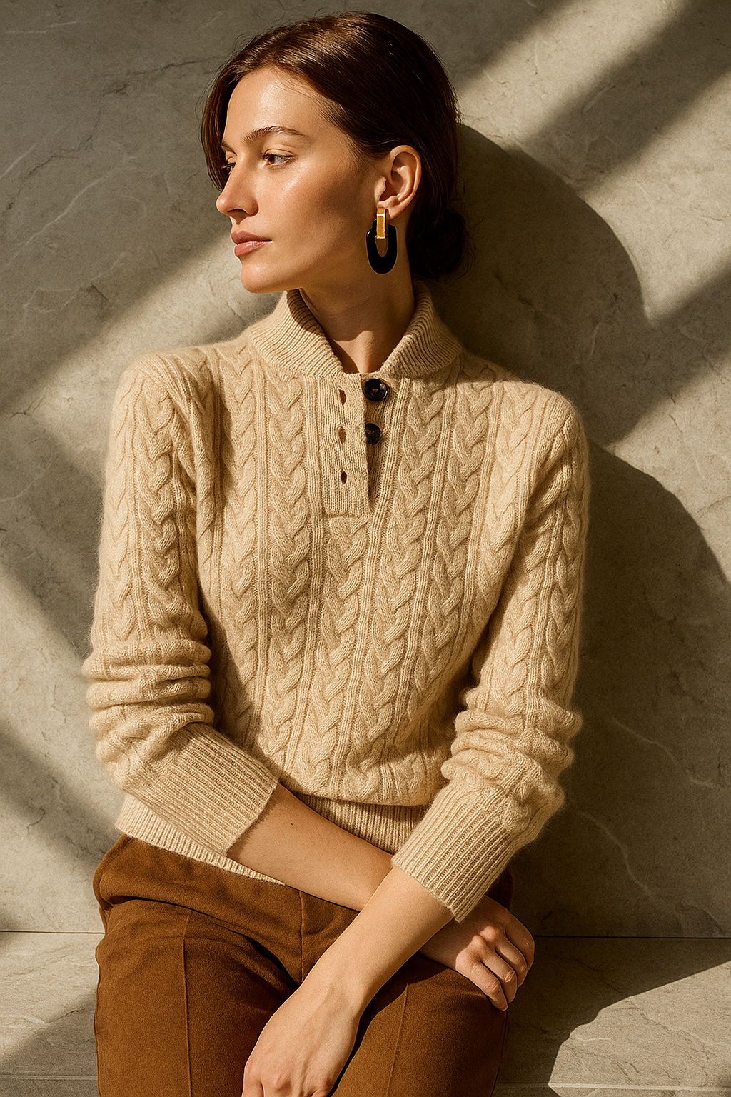 Cable Knit Women's Sweater — Button Collar Regular Fit 9