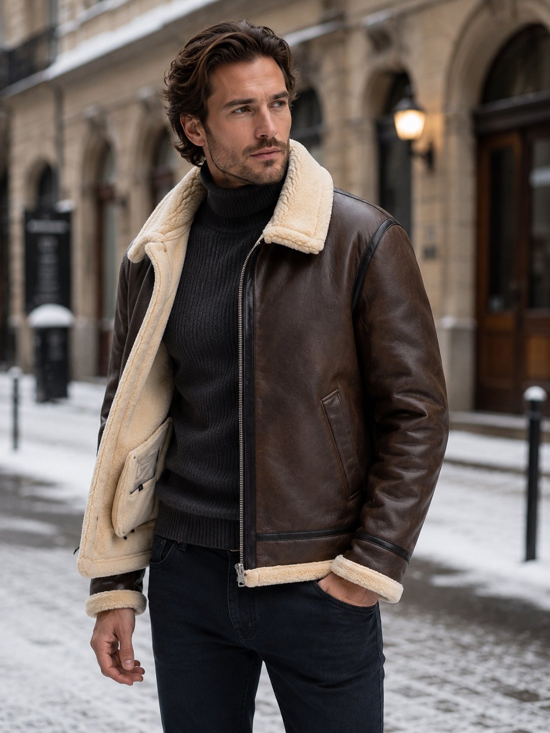 Men's Aviator Jacket — Leather-Look Faux Shearling Winter Coat 5