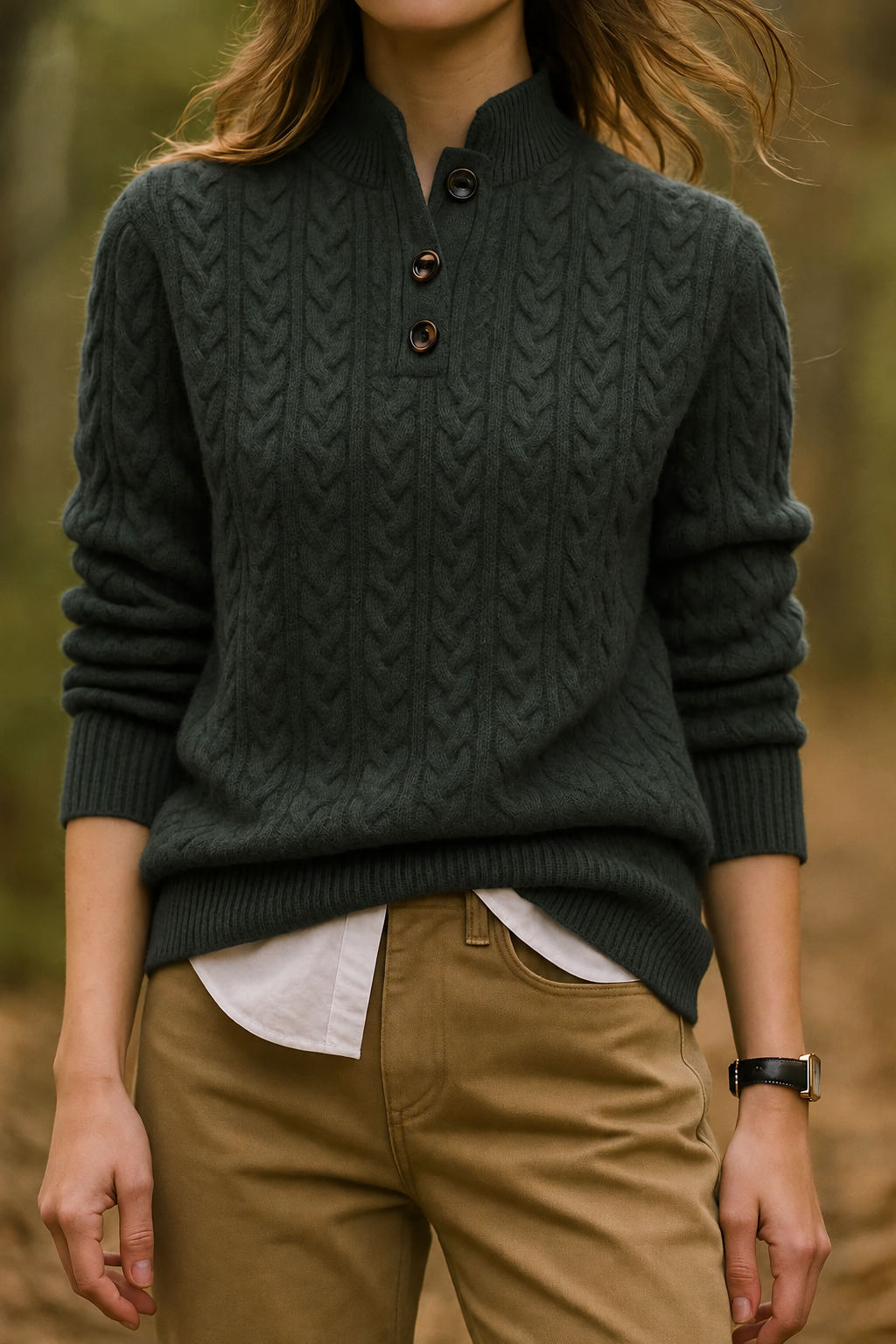 Cable Knit Women's Sweater — Button Collar Regular Fit 20