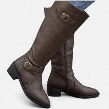 Women's Pointed-Toe Long Boots — Chunky Heel Faux Leather 3