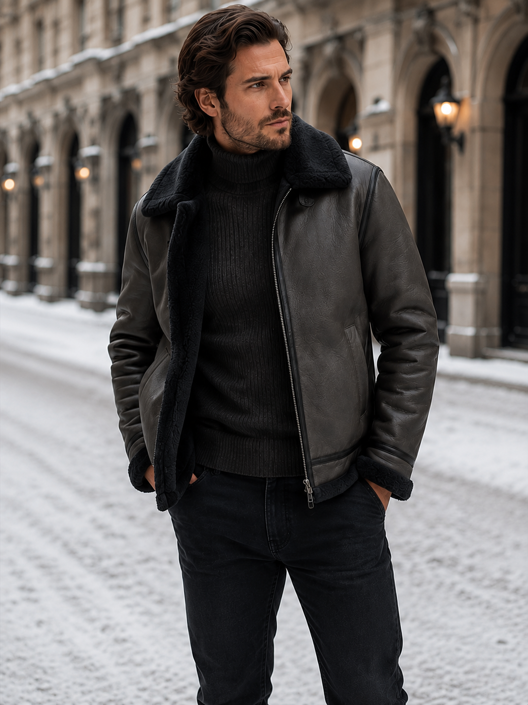 Men's Aviator Jacket — Leather-Look Faux Shearling Winter Coat 7