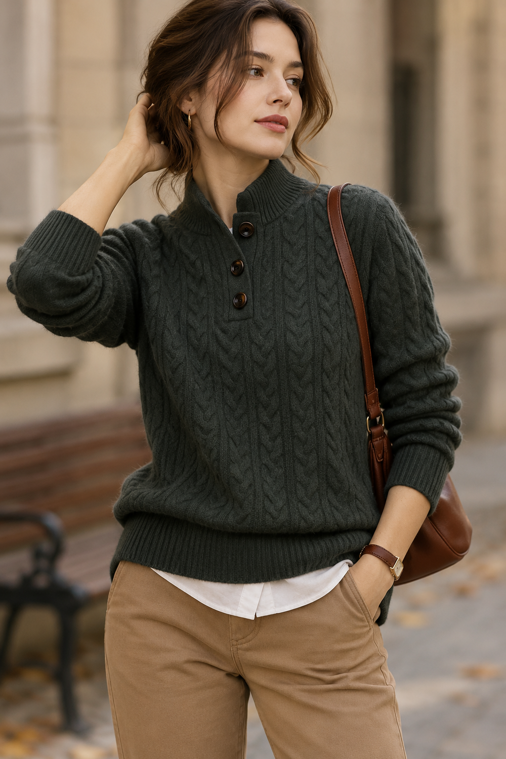 Cable Knit Women's Sweater — Button Collar Regular Fit 21