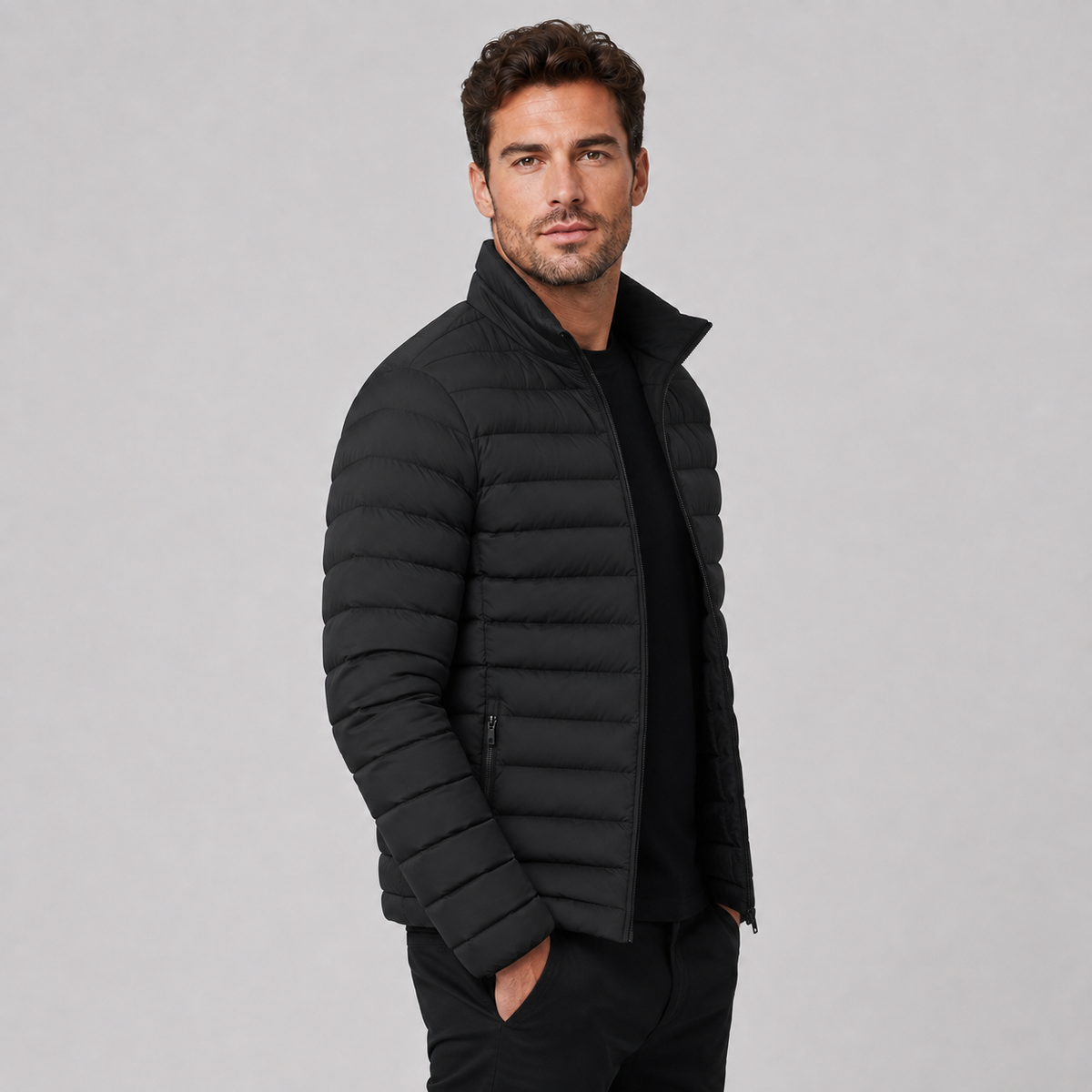 Men's Lightweight Puffer Jacket — Stand Collar Full-Zip 3