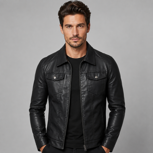 Men's Vintage Leather-Look Biker Jacket — Classic Black 1