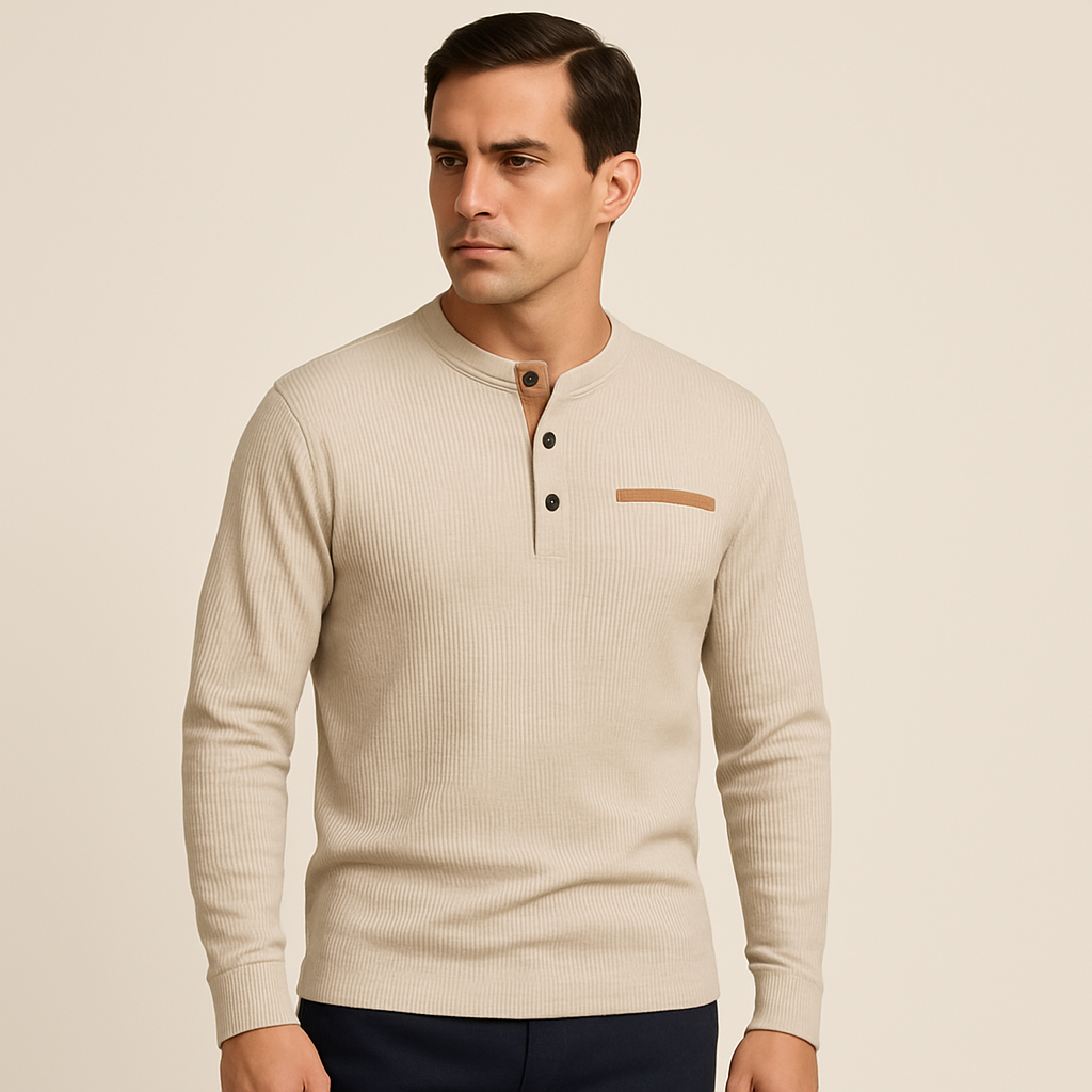Men's Long Sleeve Ribbed Henley Shirt — Cotton Blend Regular Fit 1