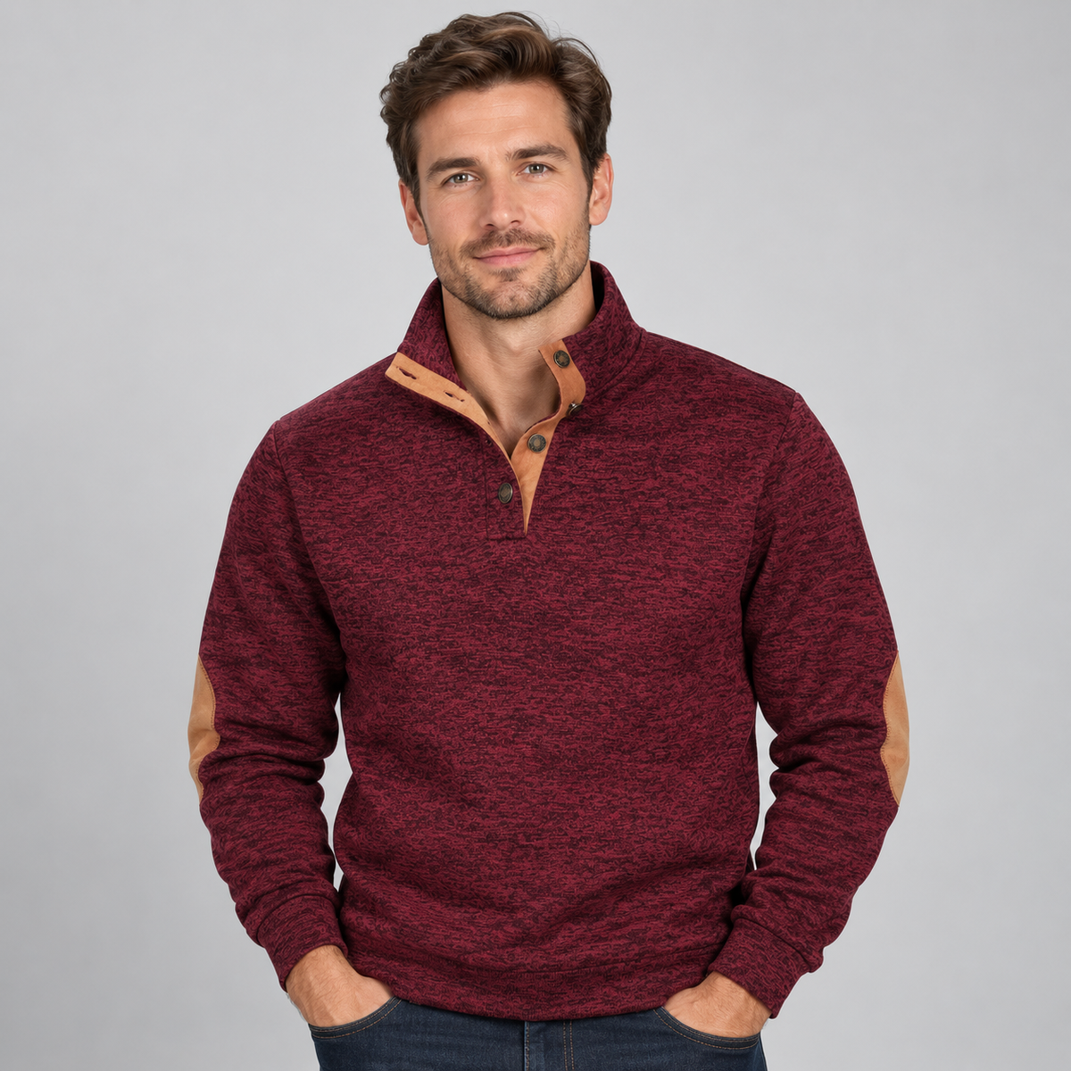 Men's Quarter-Button Stand Collar Knit Jumper — Elbow Patches 1