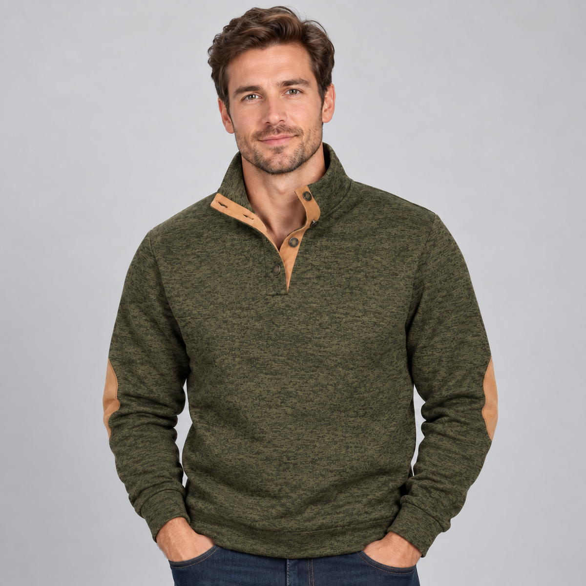 Men's Quarter-Button Stand Collar Knit Jumper — Elbow Patches 6