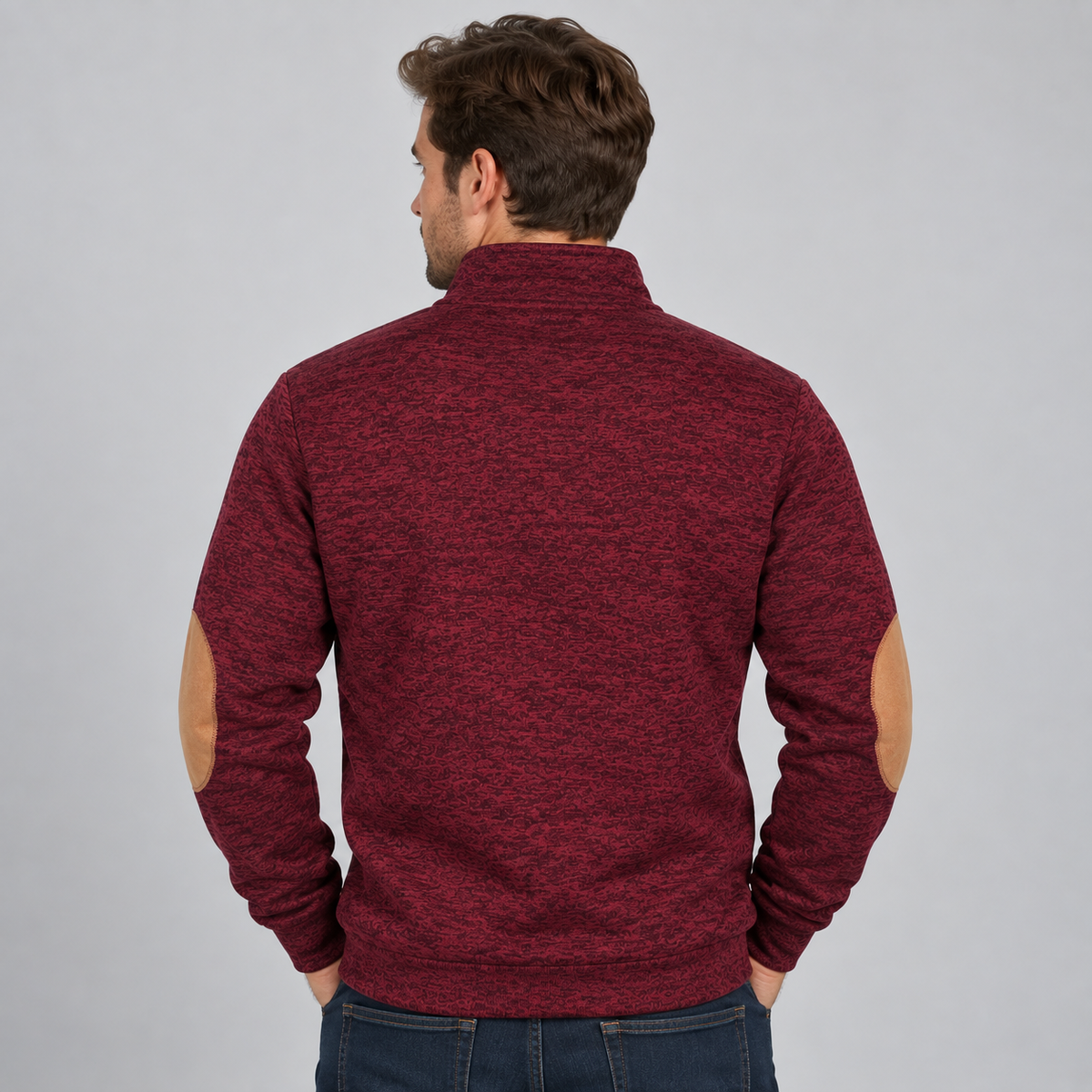 Men's Quarter-Button Stand Collar Knit Jumper — Elbow Patches 2