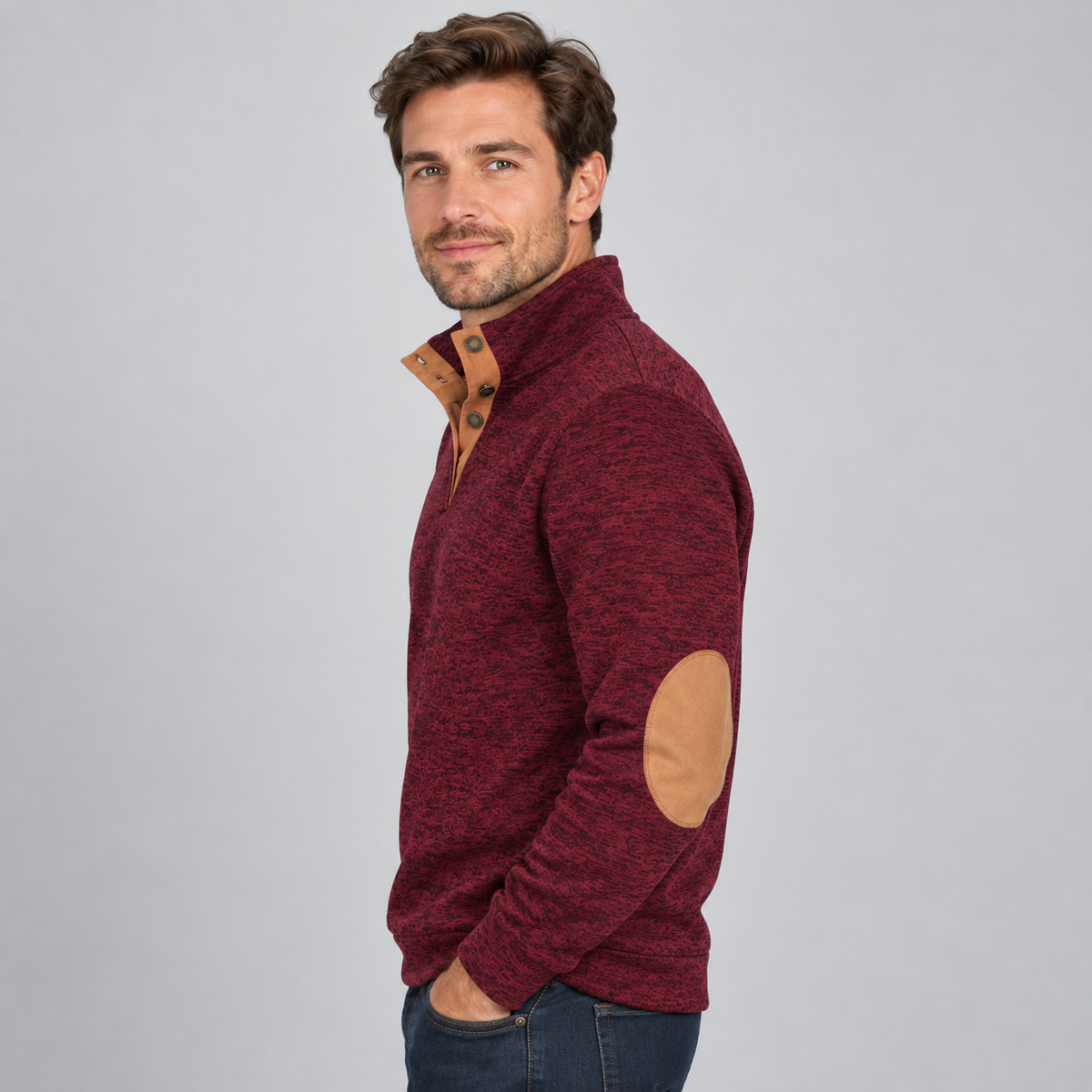 Men's Quarter-Button Stand Collar Knit Jumper — Elbow Patches 3