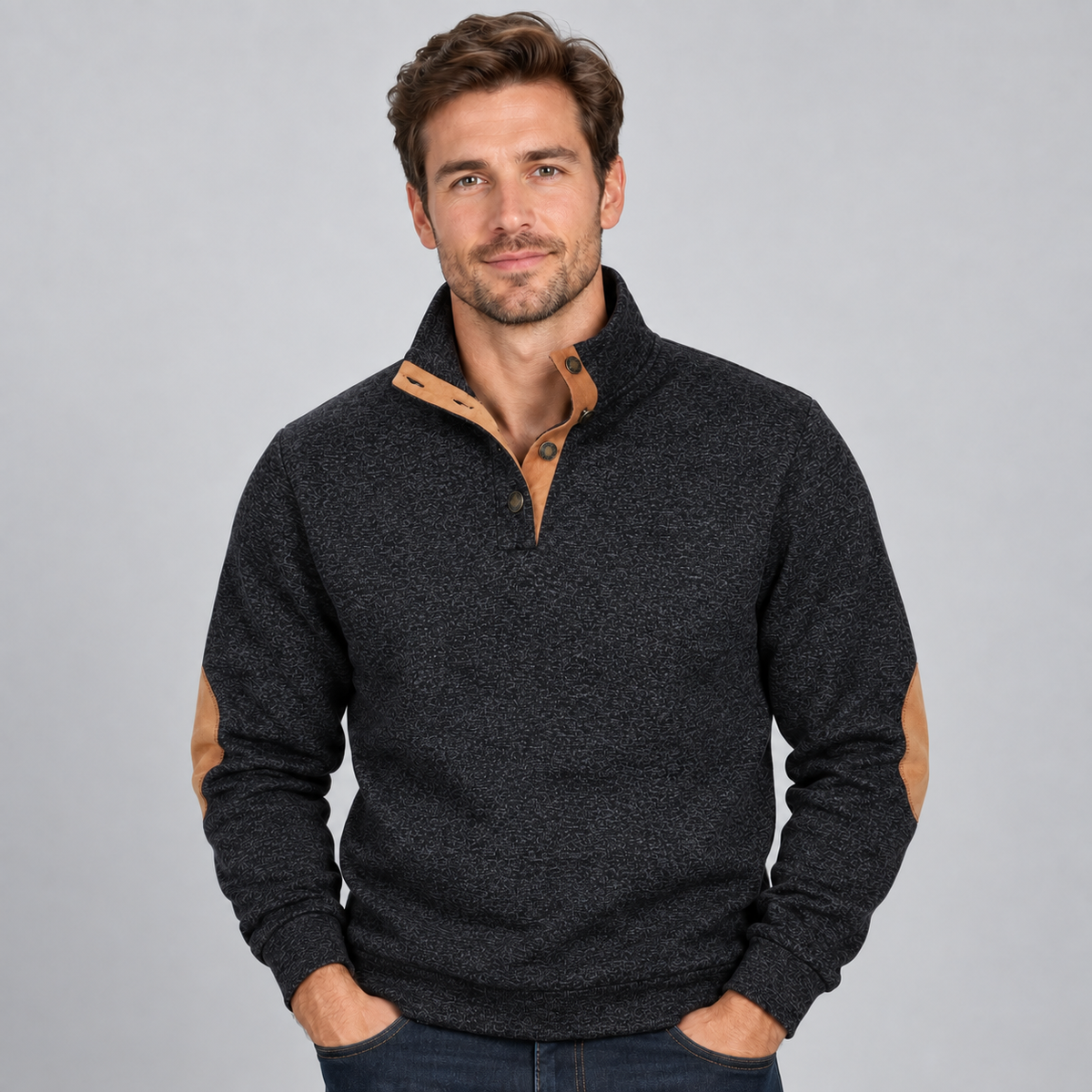 Men's Quarter-Button Stand Collar Knit Jumper — Elbow Patches 8