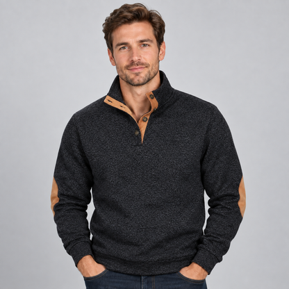 Men's Quarter-Button Stand Collar Knit Jumper — Elbow Patches 8