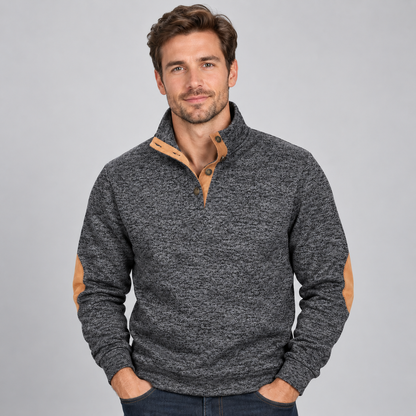 Men's Quarter-Button Stand Collar Knit Jumper — Elbow Patches 7