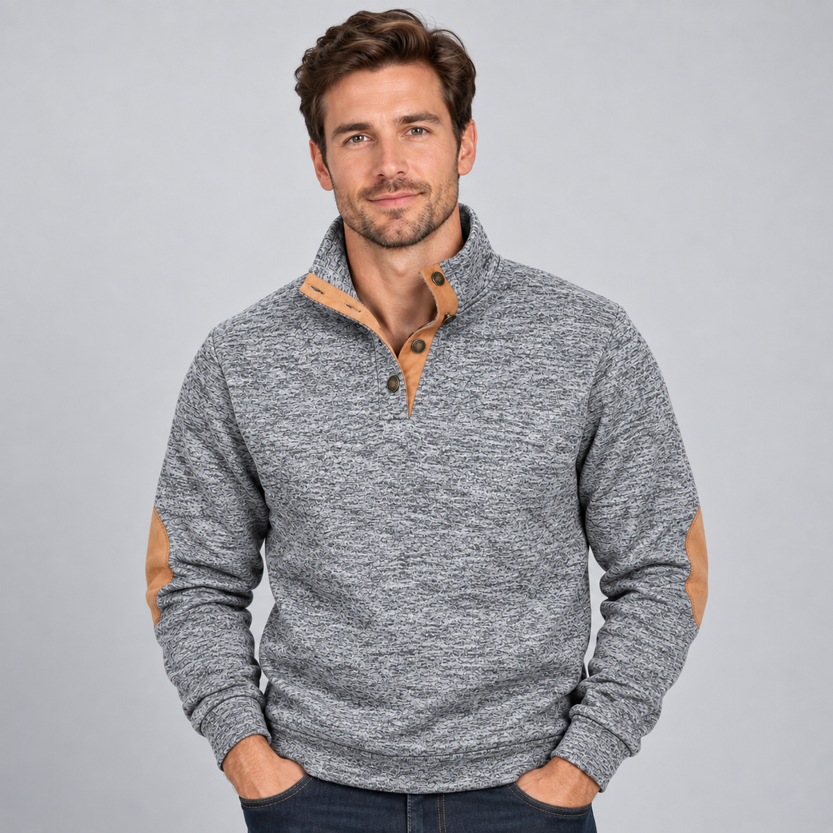 Men's Quarter-Button Stand Collar Knit Jumper — Elbow Patches 5