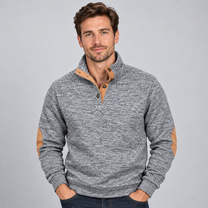 Men's Quarter-Button Stand Collar Knit Jumper — Elbow Patches 5