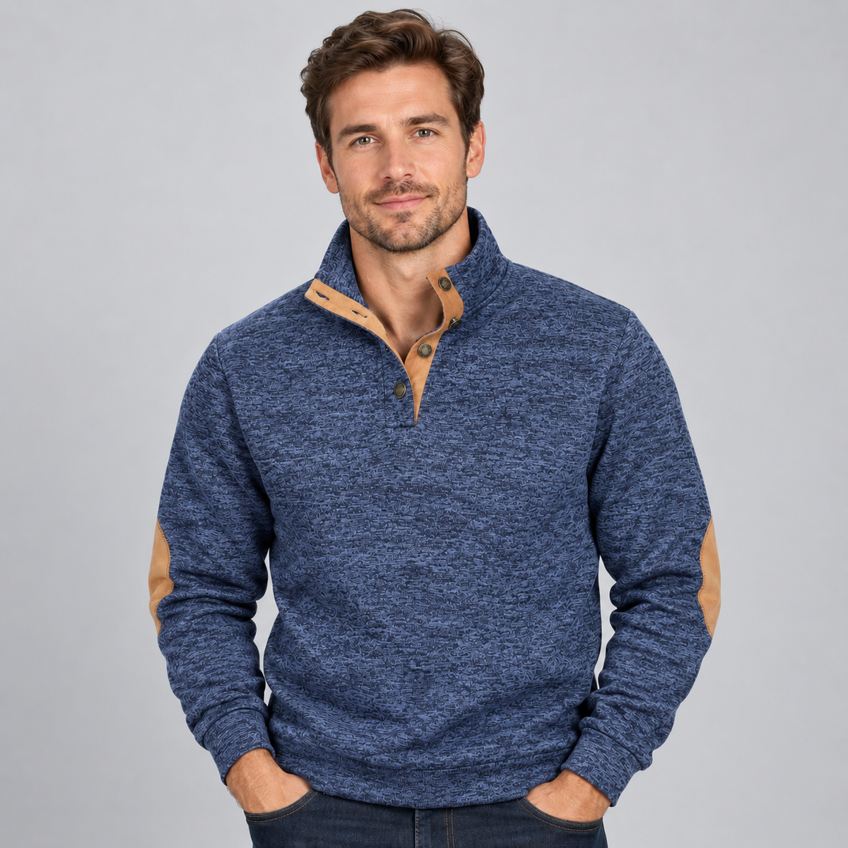 Men's Quarter-Button Stand Collar Knit Jumper — Elbow Patches 4