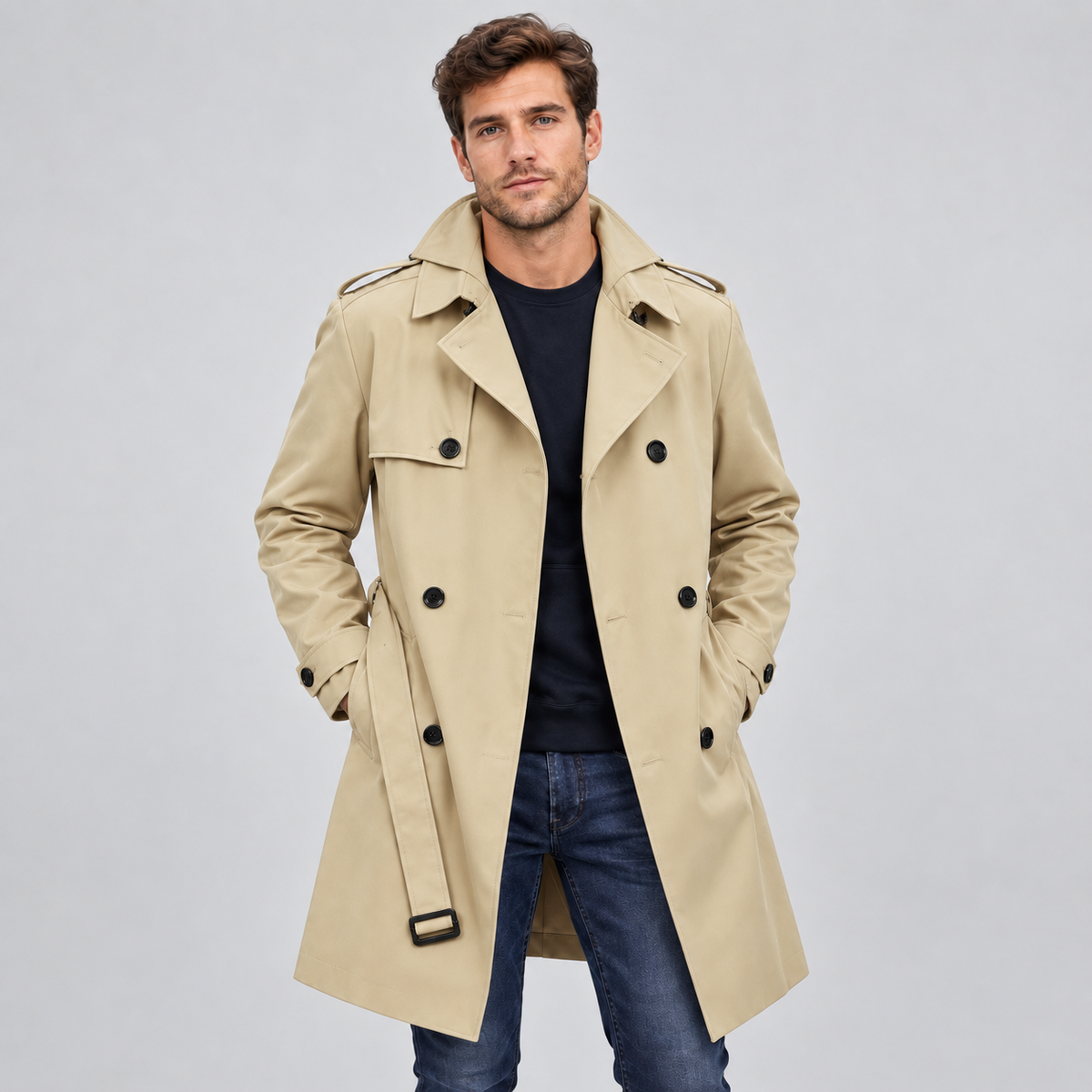 Men's Double Breasted Tailored Trench Coat — Lined Fit 1