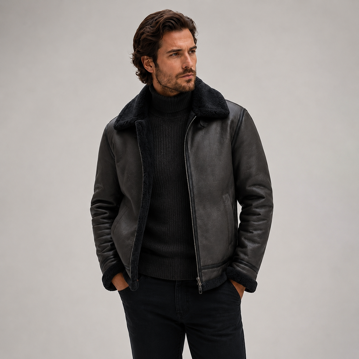 Men's Aviator Jacket — Leather-Look Faux Shearling Winter Coat 3