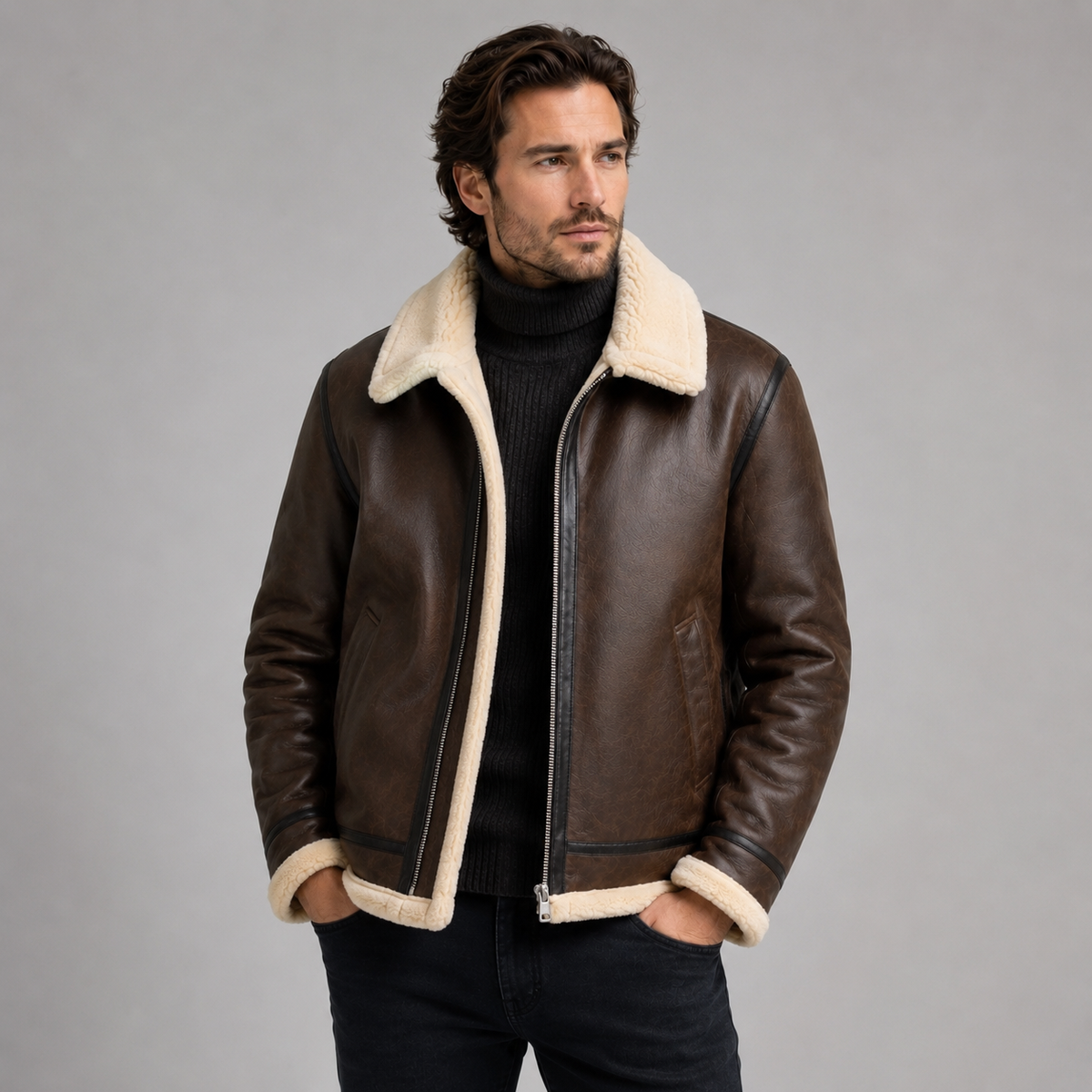 Men's Aviator Jacket — Leather-Look Faux Shearling Winter Coat 1