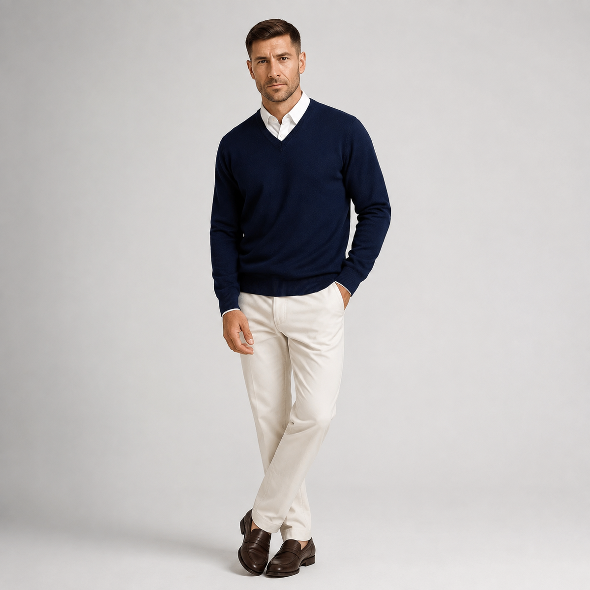 Men's V-Neck Slim Fit Jumper — Fine Gauge Knit Pullover 3