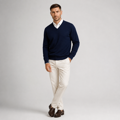 Men's V-Neck Slim Fit Jumper — Fine Gauge Knit Pullover 3