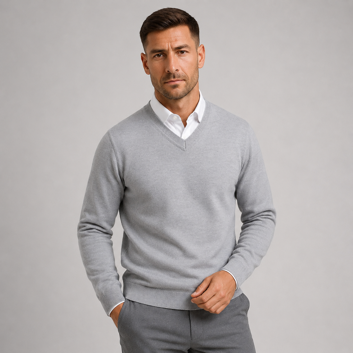 Men's V-Neck Slim Fit Jumper — Fine Gauge Knit Pullover 2