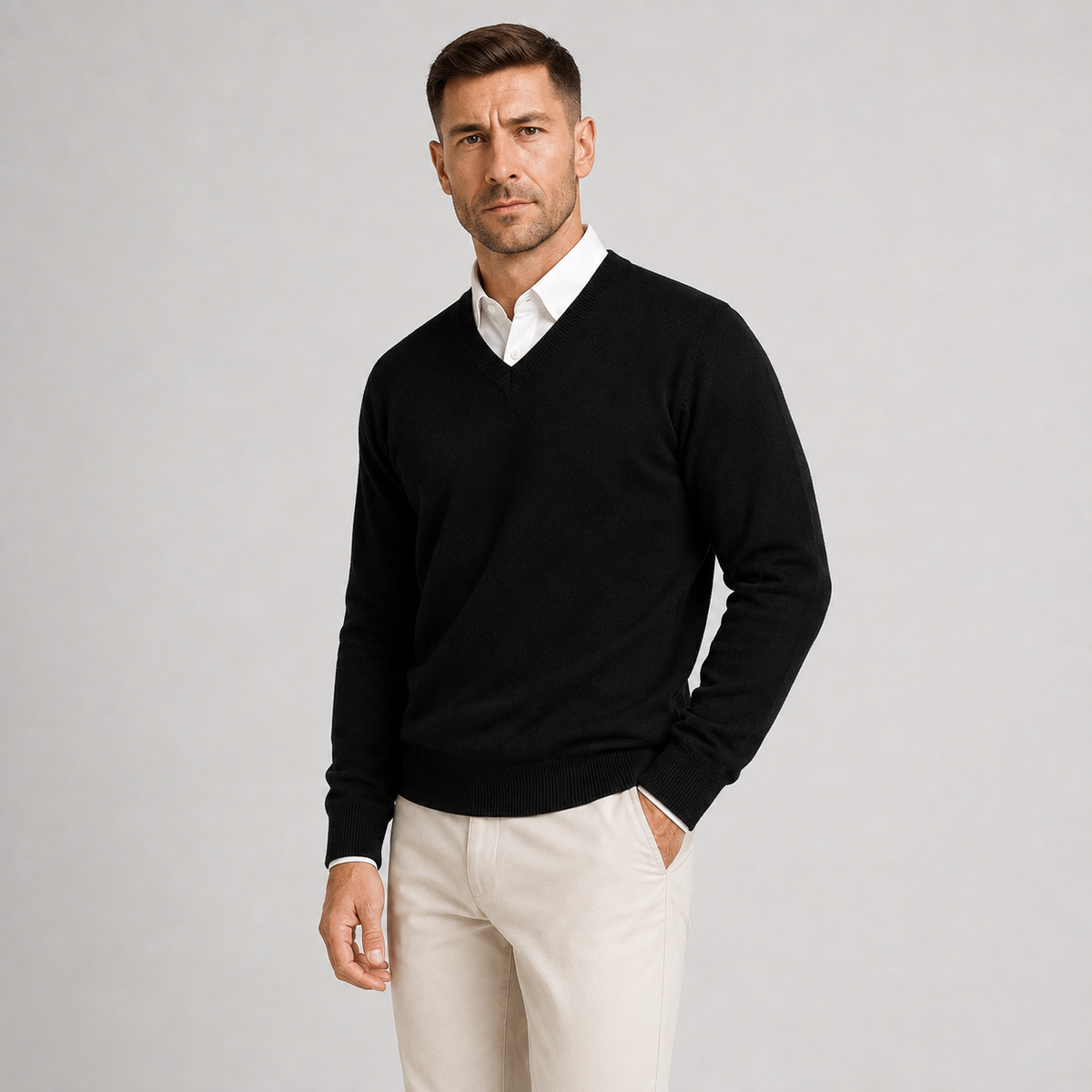 Men's V-Neck Slim Fit Jumper — Fine Gauge Knit Pullover 1