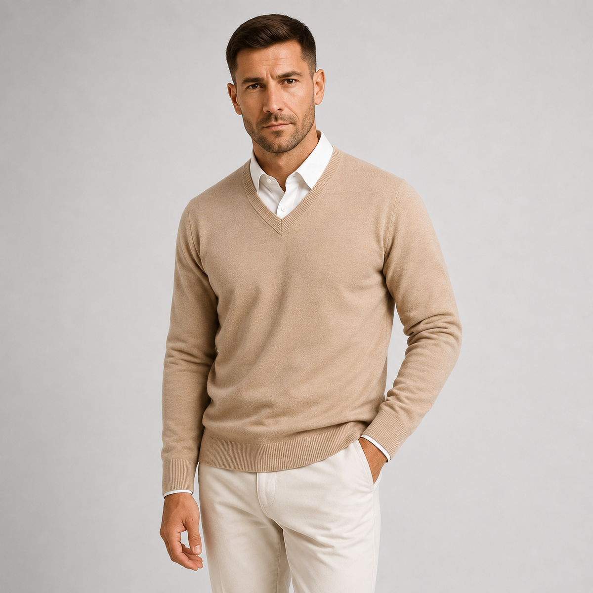 Men's V-Neck Slim Fit Jumper — Fine Gauge Knit Pullover 4