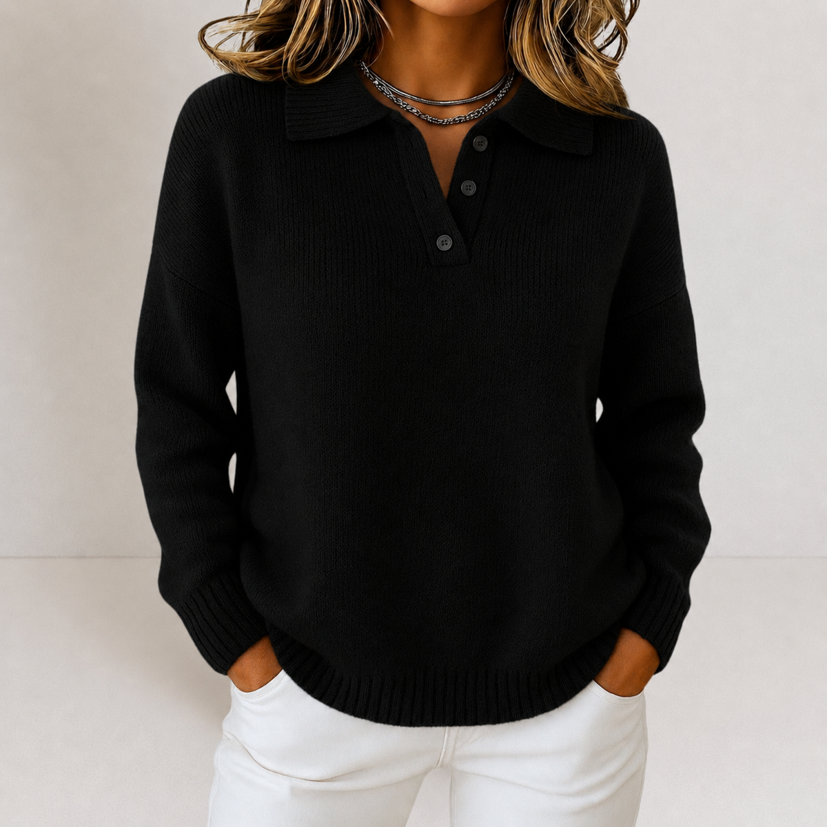 Polo Collar Knit Sweater with Button Placket — Relaxed Fit 6