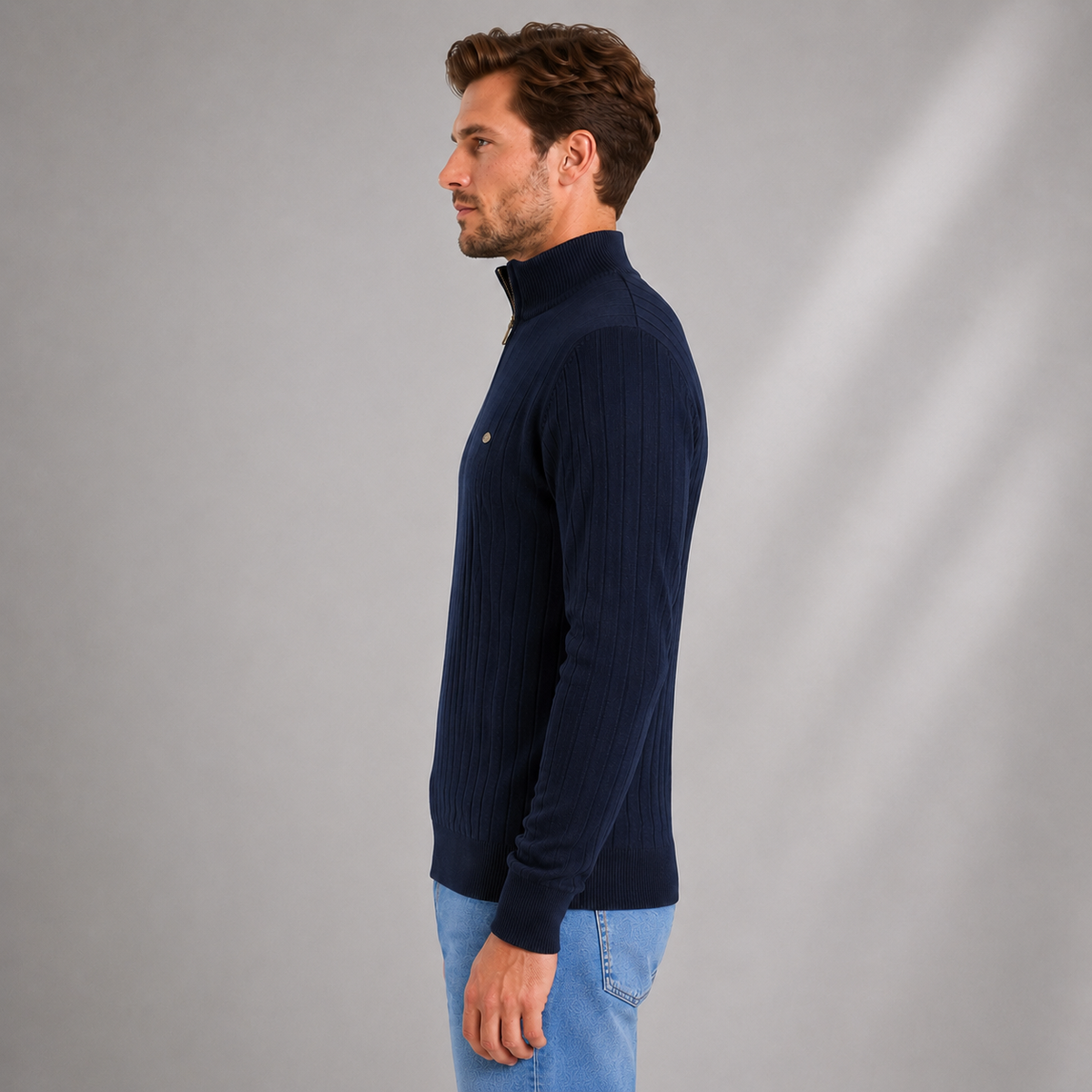 Men's Quarter Zip Ribbed Jumper — Funnel Neck Sweater 2
