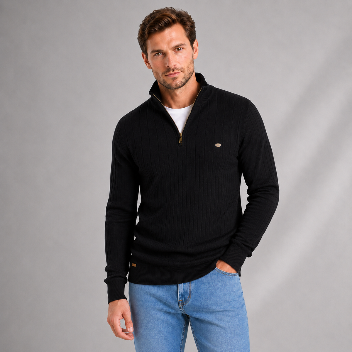 Men's Quarter Zip Ribbed Jumper — Funnel Neck Sweater 7