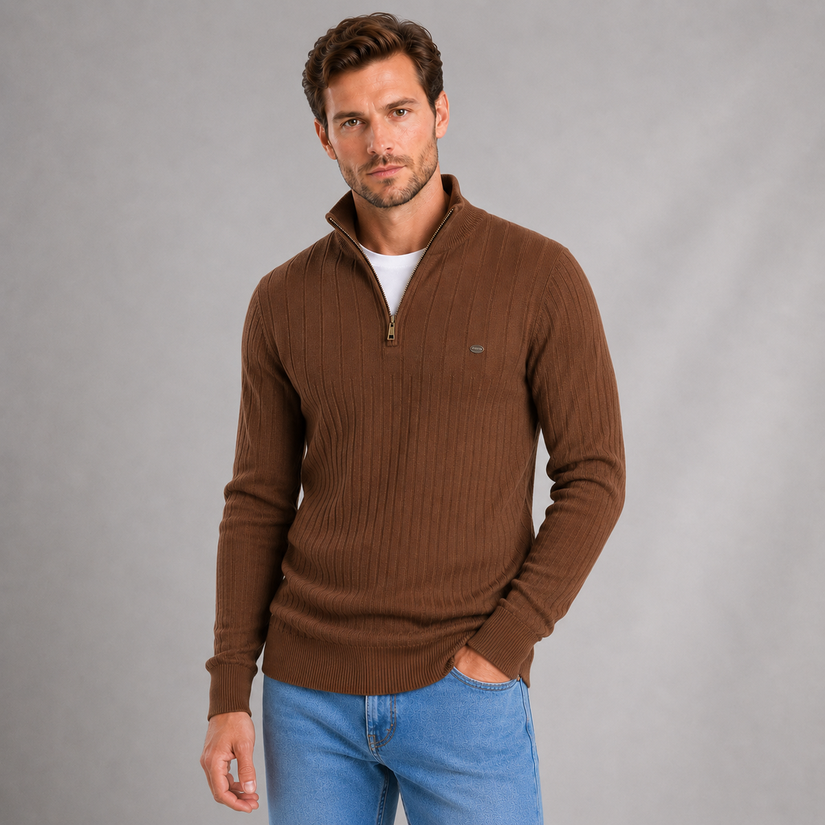 Men's Quarter Zip Ribbed Jumper — Funnel Neck Sweater 8